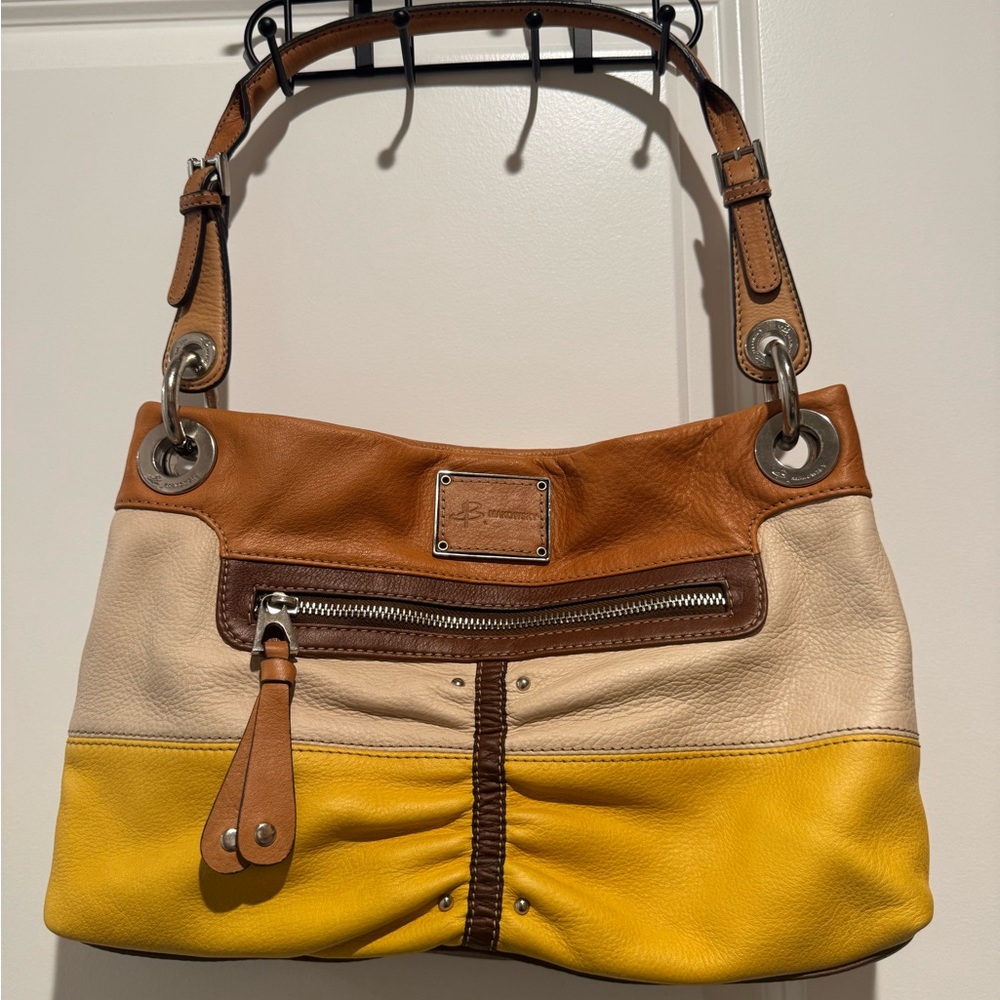 B. Makowsky Brown, Cream, and Yellow Shoulder Bag